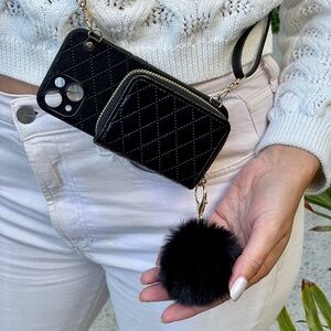 Black Leather Crossbody iPhone Case for 12/13/14/15/16 - Pro, Max, Plus